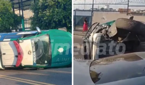 VEJA VÍDEO: viatura da PM capota após motorista dormir no volante em Manaus