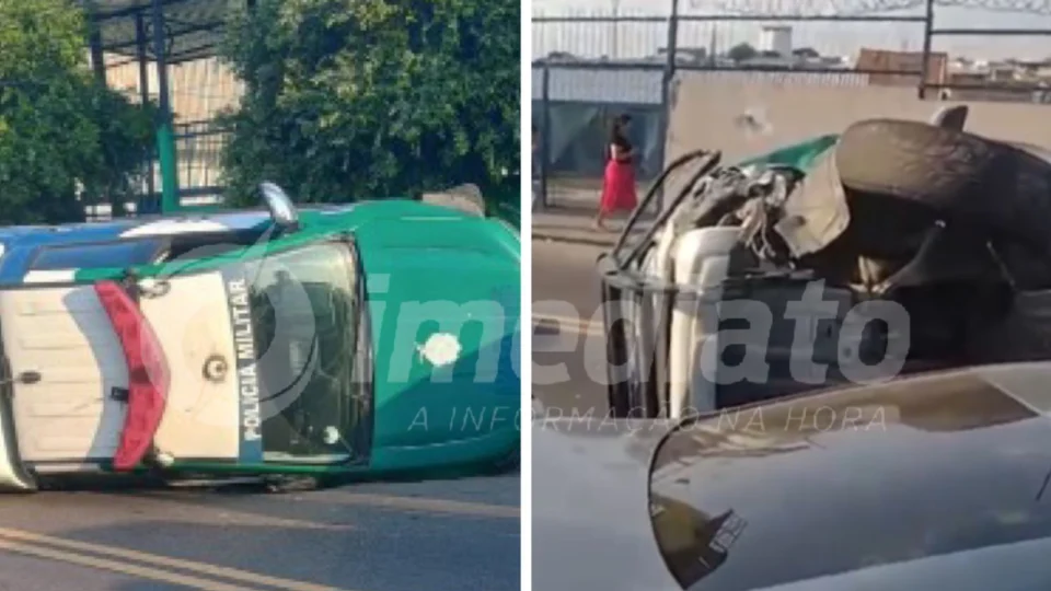 VEJA VÍDEO: viatura da PM capota após motorista dormir no volante em Manaus