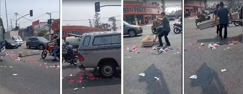 VEJA VÍDEO: caixão cai de carro funerário e corpo fica exposto em avenida