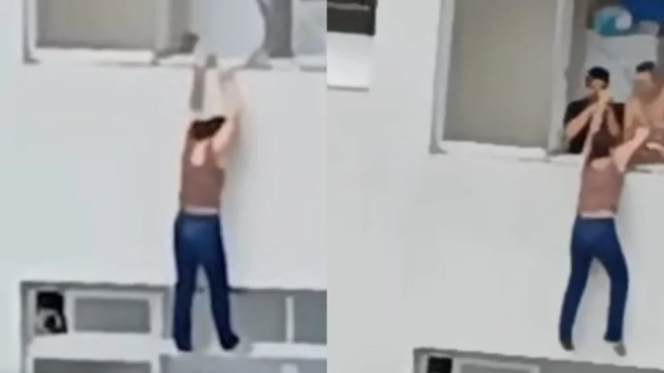 VEJA VÍDEO: mulher escorrega e fica pendurada em janela de prédio