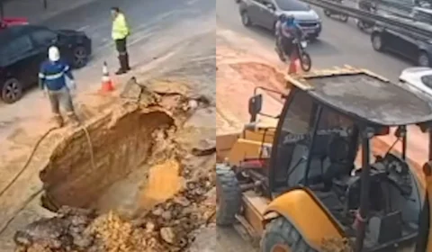 Cratera se abre na rua Salvador e provoca transtornos no trânsito e desabastecimento de água em Manaus