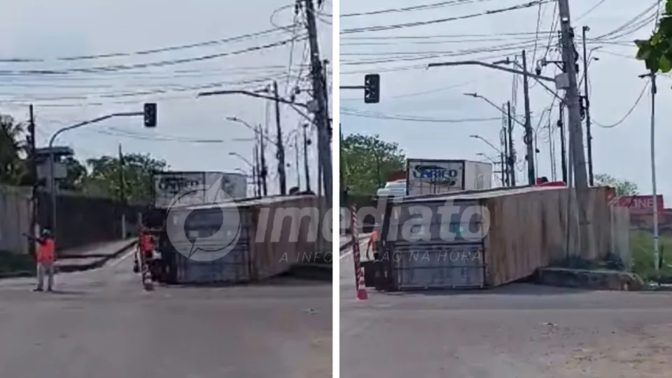 VÍDEO: motorista tenta fazer curva e carreta tomba em Avenida próximo ao Porto Chibatão