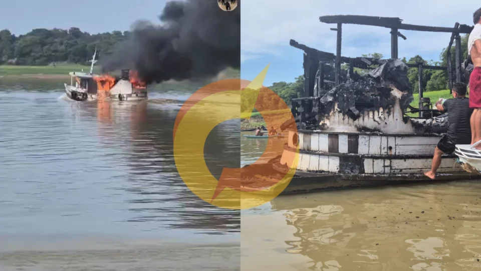 Vídeo: incêndio atinge barco com pessoas no Rio Purus, em Beruri-AM