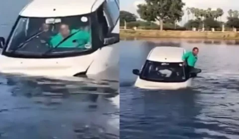 VEJA VÍDEO: aluno de autoescola troca pedais e acaba com carro dentro de lago