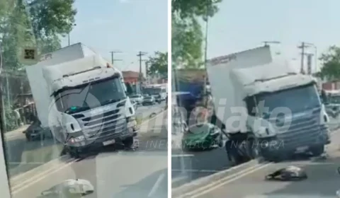 VÍDEO: motorista perde controle de carreta e veículo para no meio-fio no Distrito Industrial