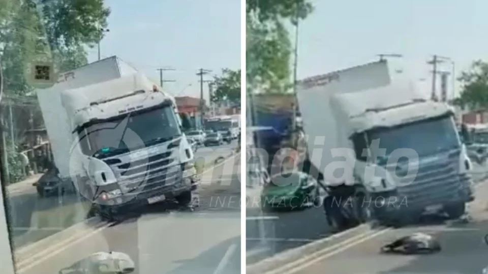 VÍDEO: motorista perde controle de carreta e veículo para no meio-fio no Distrito Industrial