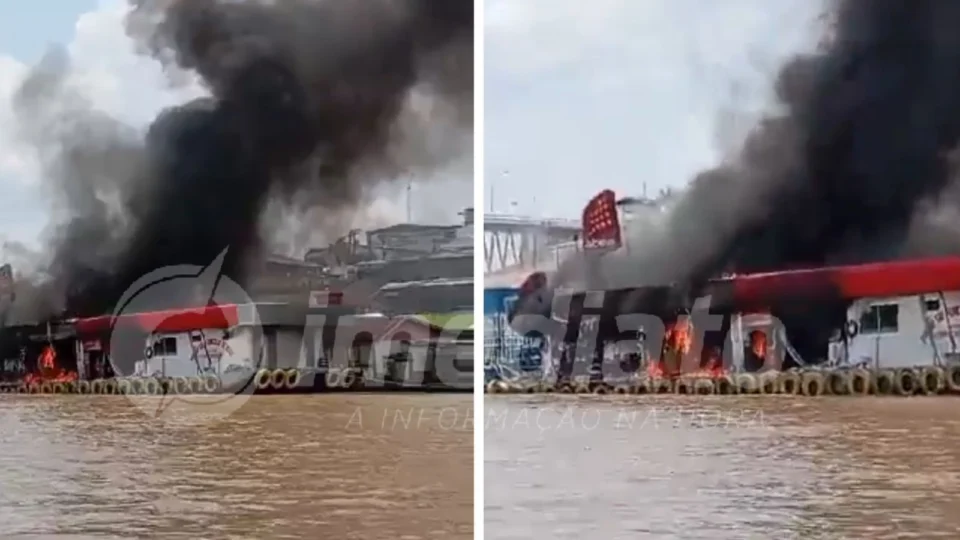 VEJA VÍDEO: posto de combustíveis flutuante pega fogo no Amazonas