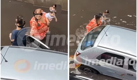 VEJA VÍDEO: mãe com bebê no colo tenta empurrar carro ‘ilhado’ na Avenida Efigênio Sales