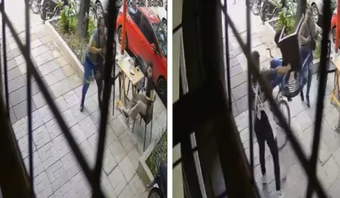 VEJA VÍDEO: mulher dá cadeirada em assaltante para defender amiga