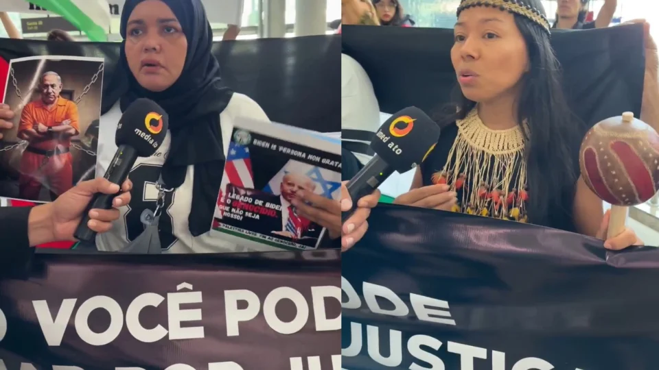 Manifestantes se posicionam contra visita de Joe Biden a Manaus com protesto pró-Palestina