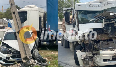 Carro em alta velocidade faz curva e causa acidente envolvendo dois caminhões no Distrito 2