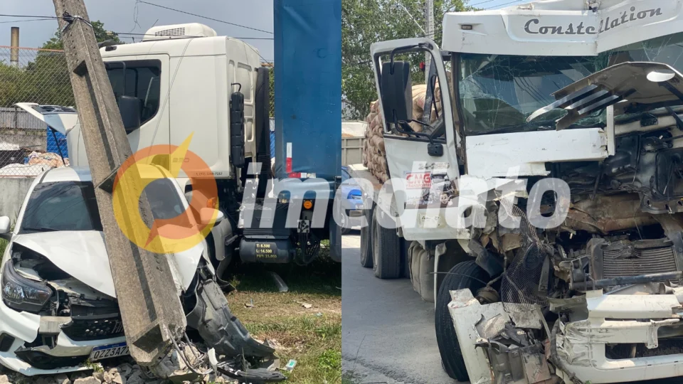 Carro em alta velocidade faz curva e causa acidente envolvendo dois caminhões no Distrito 2