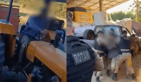 VEJA VÍDEO: homem vai para cima de viatura com trator e PM reage com mata-leão