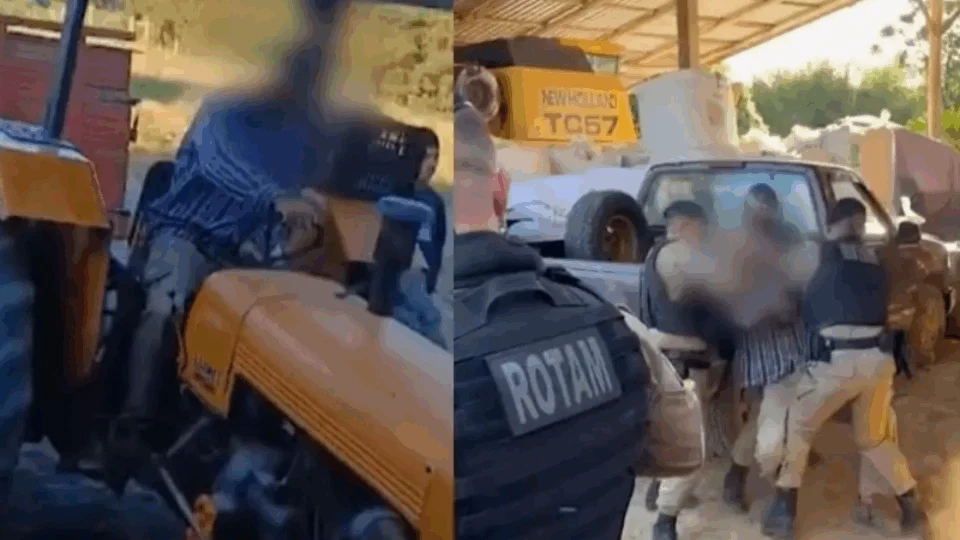 VEJA VÍDEO: homem vai para cima de viatura com trator e PM reage com mata-leão