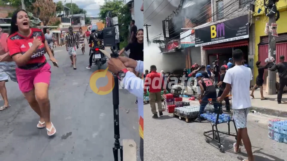 Fuxico: comerciantes salvam produtos que estariam sendo saqueados durante incêndio em distribuidora