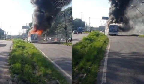 Vídeo: Ônibus da São Pedro pega fogo no meio da Avenida Torquato Tapajós