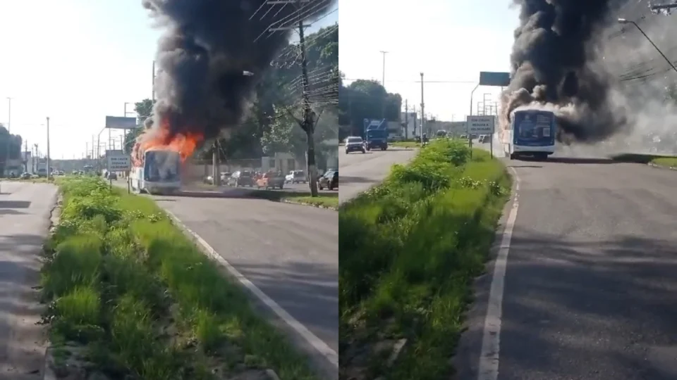 Vídeo: Ônibus da São Pedro pega fogo no meio da Avenida Torquato Tapajós