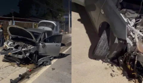 Motorista embriagado destrói carro ao colidir com ‘dentes de dragão’ na Avenida das Torres