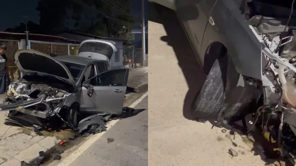 Motorista embriagado destrói carro ao colidir com ‘dentes de dragão’ na Avenida das Torres