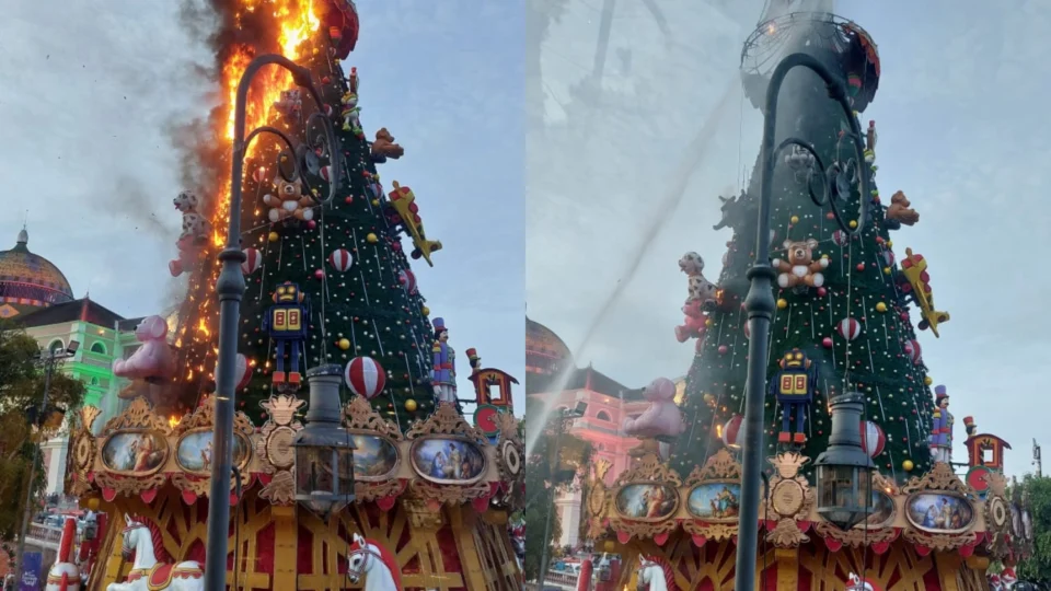 Vídeo: Árvore de Natal do Largo de São Sebastião pega fogo nesta quinta-feira (19)