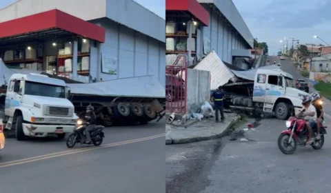 Vídeo: Carreta colide contra muro e tomba carga em avenida principal do Boas Novas