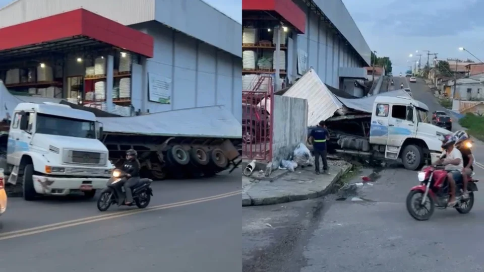 Vídeo: Carreta colide contra muro e tomba carga em avenida principal do Boas Novas