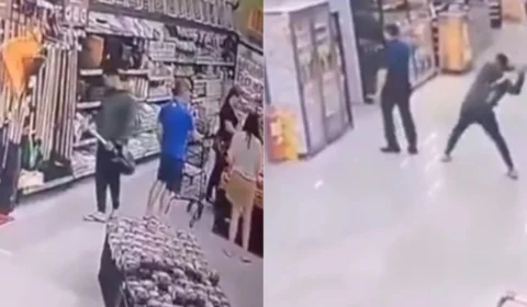 Vídeo: homem é preso após atacar gerente de supermercado com pá