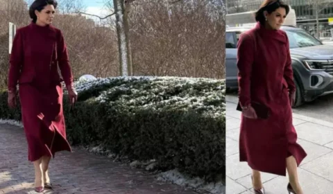 Inspirada em Jacqueline Kennedy, Michelle Bolsonaro usa tons bordô na posse de Trump