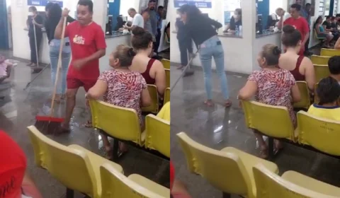 UBS no São José alaga durante chuva, e paciente ajuda a escoar água
