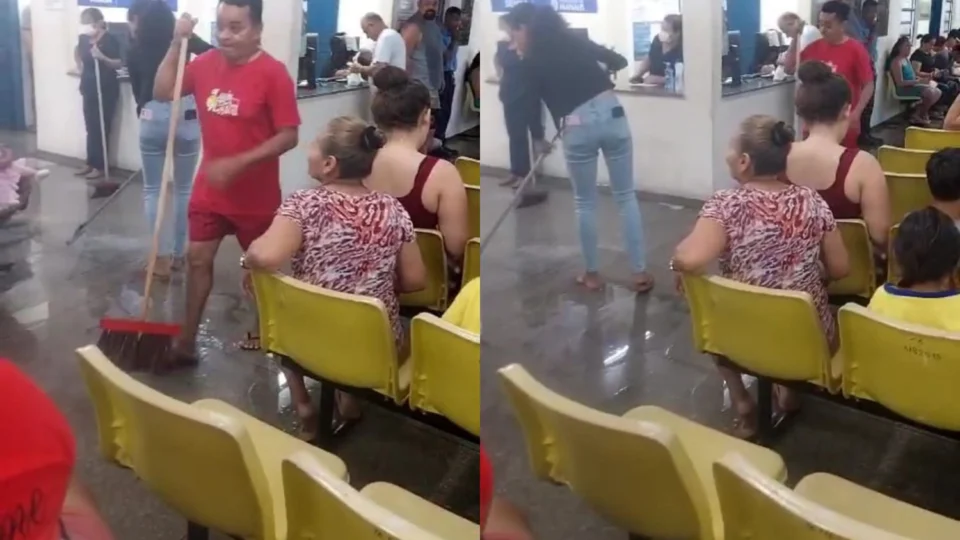 UBS no São José alaga durante chuva, e paciente ajuda a escoar água