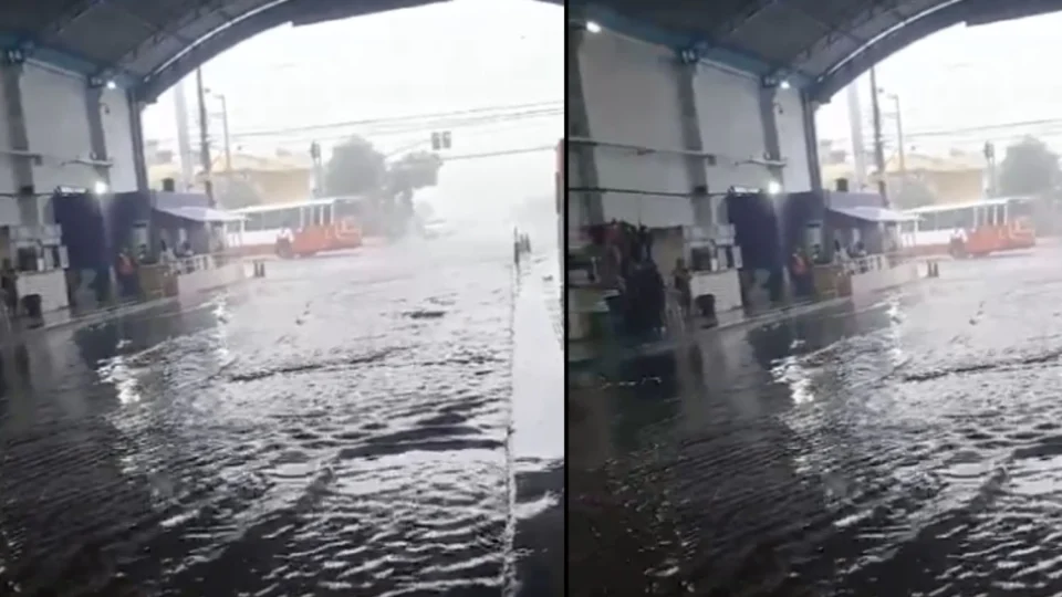 VÍDEO: Chuva alaga terminal de ônibus e causa transtornos em Manaus