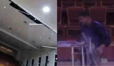 VEJA VÍDEO: teto de igreja cai durante forte chuva e quase atinge pastor em culto