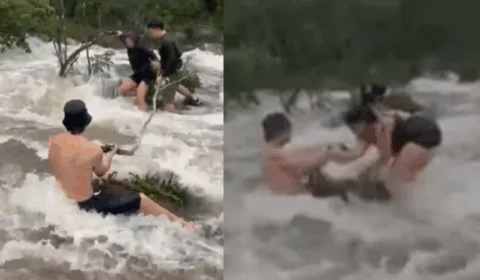 VEJA VÍDEO: turistas quase são arrastados por cabeça d’água em cachoeira
