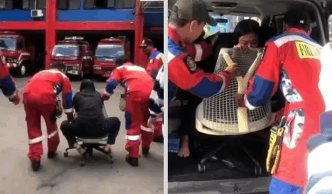 VEJA VÍDEO: mulher prende piercing em cadeira e precisa de resgate