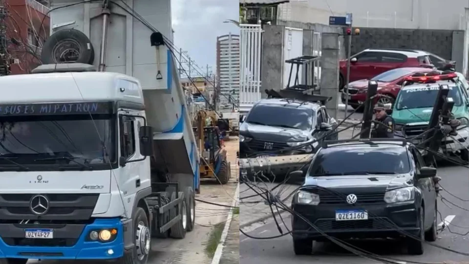 Caçamba derruba poste sobre carro em Manaus, mas ninguém se feriu