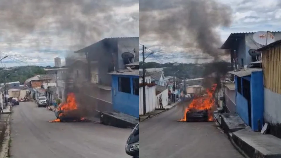 Veja vídeo: Carro pega fogo no meio da rua no Bairro Lírio do Vale