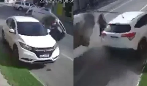 VEJA: Picape quase atropela pedestre e causa acidente em rua movimentada de SC