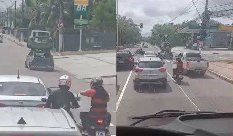 Vídeo: Motorista é flagrado avançando sinal vermelho e transportando carcaça de carro em Manaus