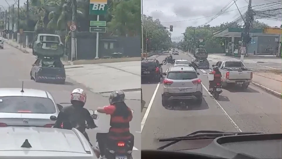 Vídeo: Motorista é flagrado avançando sinal vermelho e transportando carcaça de carro em Manaus