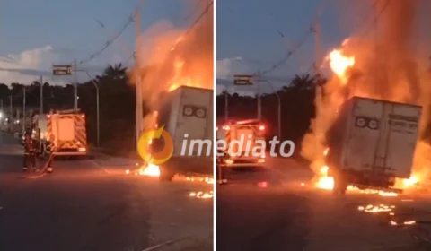 VEJA VÍDEO: caminhão pega fogo na Avenida do Turismo em Manaus