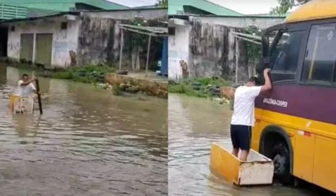 Vídeo: homem rema em carcaça de geladeira em rua alagada no bairro Armando Mendes