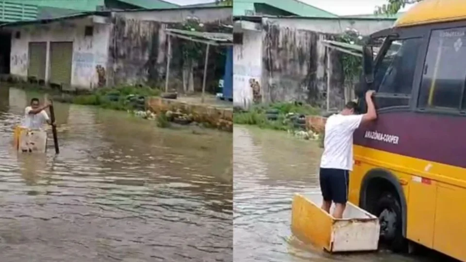 Vídeo: homem rema em carcaça de geladeira em rua alagada no bairro Armando Mendes