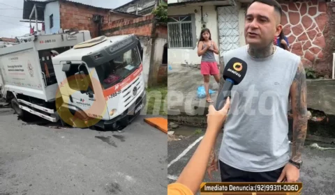Caminhão de lixo da Prefeitura de Manaus é engolido por rua oca no bairro Coroado