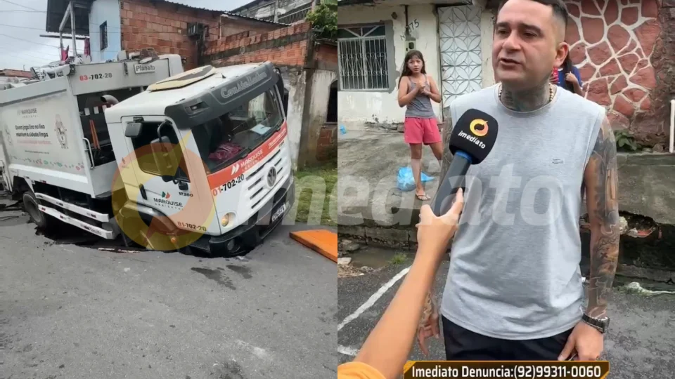 Caminhão de lixo da Prefeitura de Manaus é engolido por rua oca no bairro Coroado