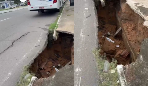 Crateras se abrem em calçadas próximas a o Studio 5 e revelam rua oca em Manaus
