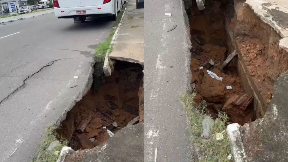 Crateras se abrem em calçadas próximas a o Studio 5 e revelam rua oca em Manaus
