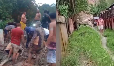 Deslizamento de terra soterra quatro casas no  Fazendinha; equipes de resgate atuam no local
