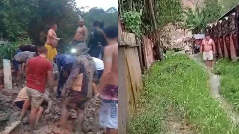 Deslizamento de terra soterra quatro casas no  Fazendinha; equipes de resgate atuam no local