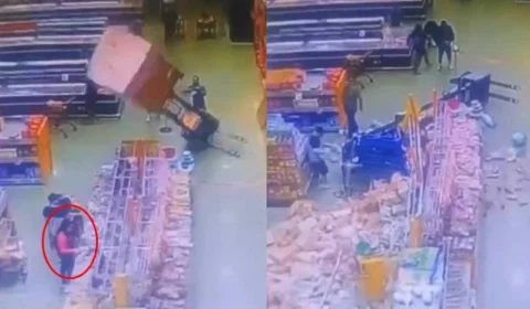 VEJA VÍDEO: empilhadeira tomba e carga de leite de condensado cai em cliente