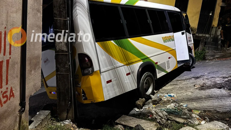 Micro-ônibus perde controle e atinge poste de energia no bairro Grande Vitória